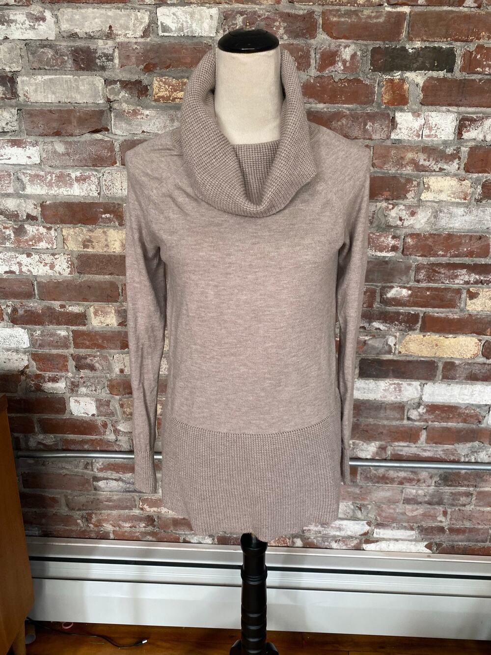 Cyrus Longline Cowl Neck Pullover Sweater Neutral Taupe Heather S